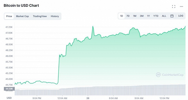 Bitcoin за четыре часа подорожал на 2000 долларов. Впервые с начала года стоимость BTC превысила отметку в 47 000 долларов